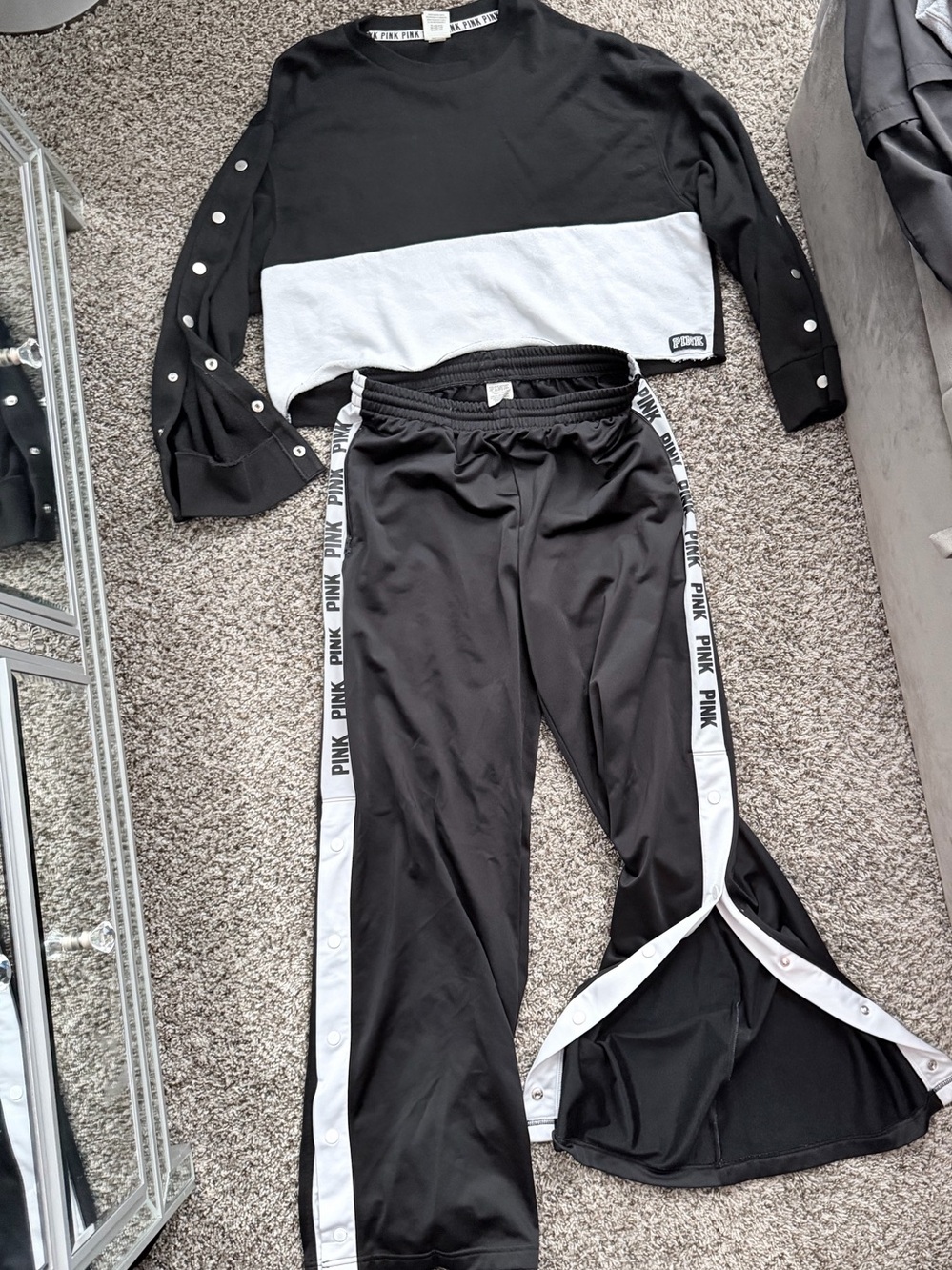 Victoria's Secret Black and White Snap-Trim Track Pants & Crop Top Set